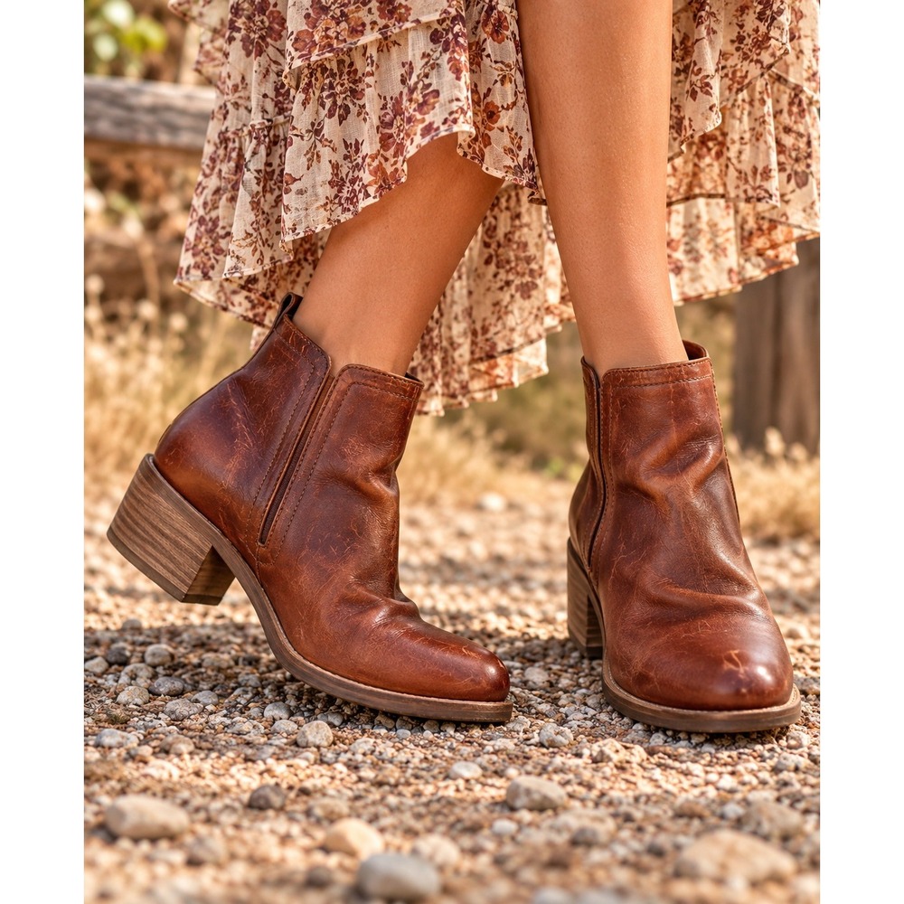 Cognac Brown Leather V-Cut Ankle Boots Stacked Block Heel Brazil Size 9.5 NOTES